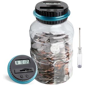 Large Piggy Bank for Boys Adults, Vcertcpl Digital Coin Counting Bank with LCD Counter, 1.8L Capacity Coin Bank Money Jar for Adults, Designed for All US Coins (Blue)