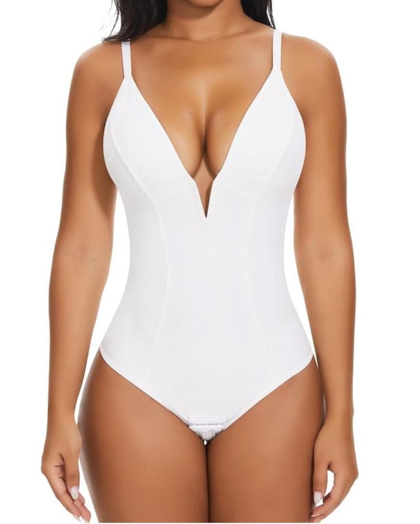 SHAPERIN Women's Deep V Neck Bodysuit Double Lined Plunge Tummy Control Shapewear Thong Body Suits Backless Cami Tank L