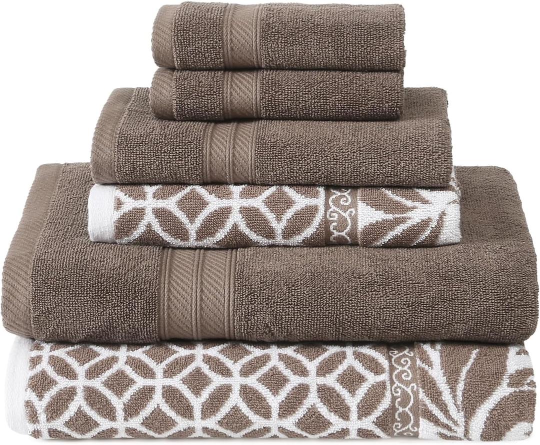 Modern Threads Trefoil Filigree 6-Piece 100% Cotton Towel Set  Reversible Yarn Dyed Jacquard  Includes 2 Bath Towels, 2 Hand Towels, 2 Washcloths  Absorbent, Quick Dry, Soft & Durable  Mocha Brown (Medium)