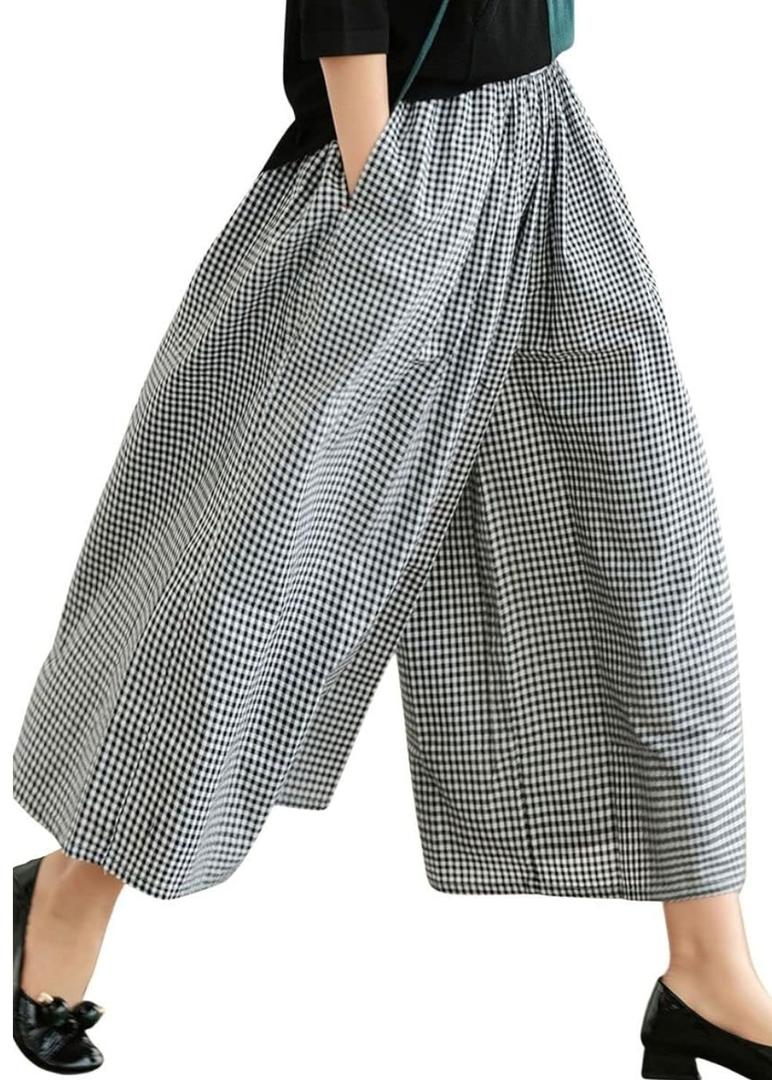 chouyatou Women's Cotton Linen Pants Elastic Waist Plaid Gingham Wide Leg Capri Palazzo Pants XXL Black Gingham