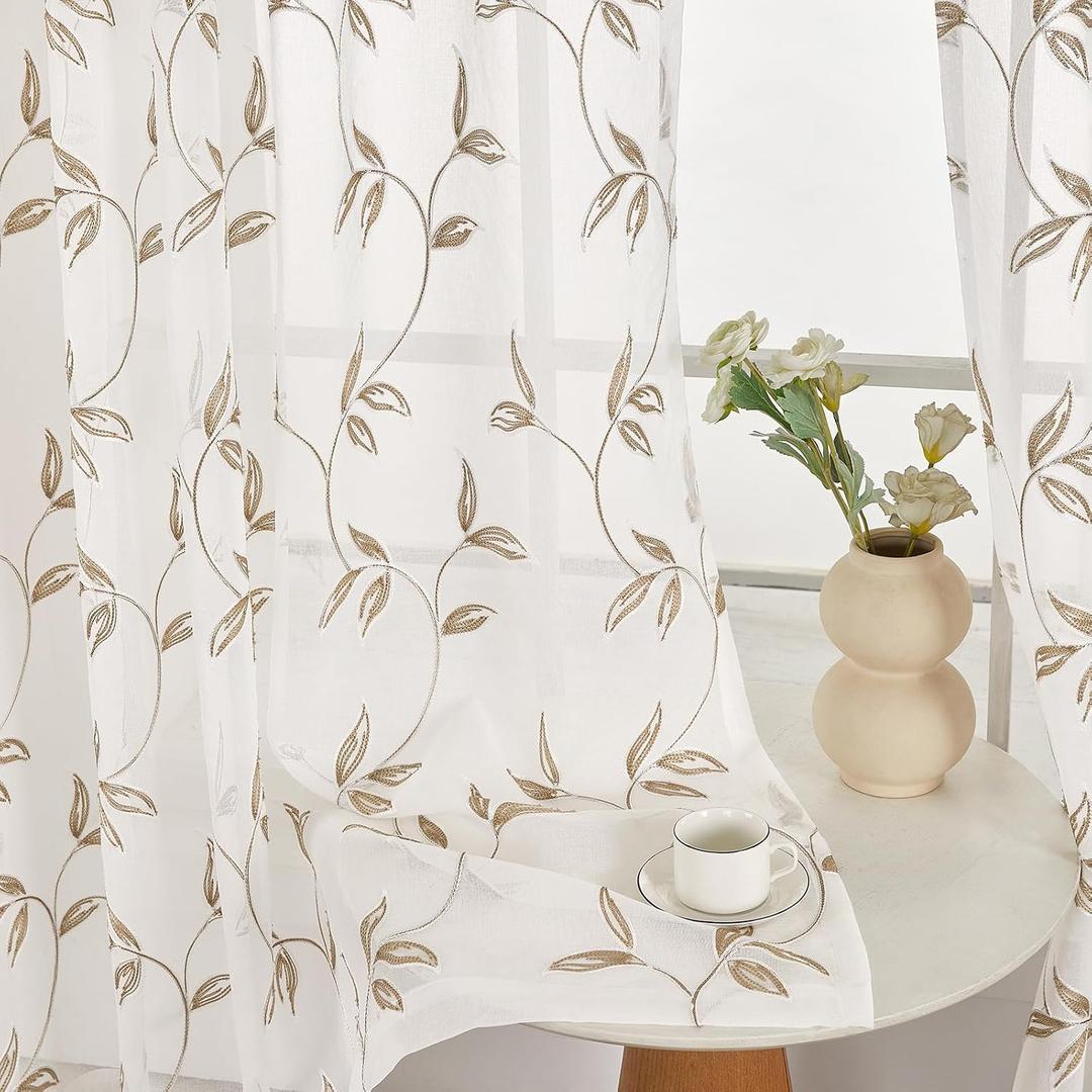 Sheer Curtains 2 Panels Set, Decorative Embroidered Leaf Design, Rod Pocket Light-Filtering Window Treatments for Living Room Bedroom, 54" W x 84" L