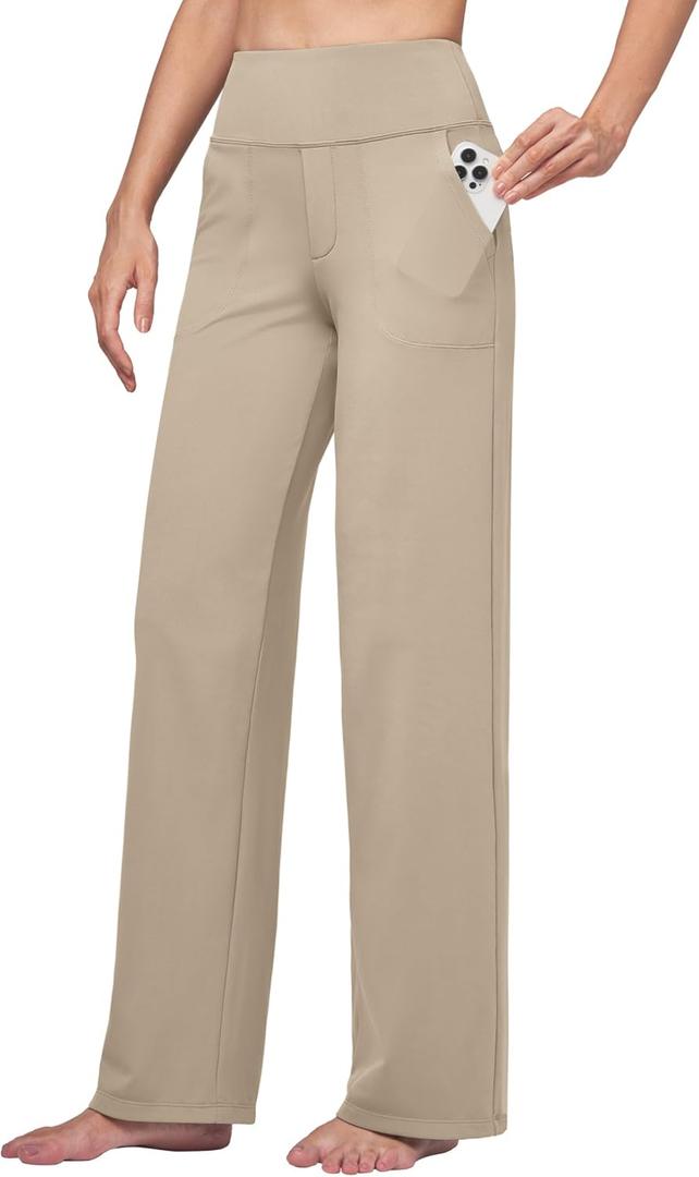 Willit Women's Yoga Pants Wide Leg Dress Work Pants Stretch Casual Pants Slacks with Pockets High Waist 28" 30" 32" (Medium, Khaki)