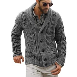 Mens Cable Knit Cardigan Sweater Shawl Collar Loose Fit Long Sleeve Casual Cardigans, Large, Grey