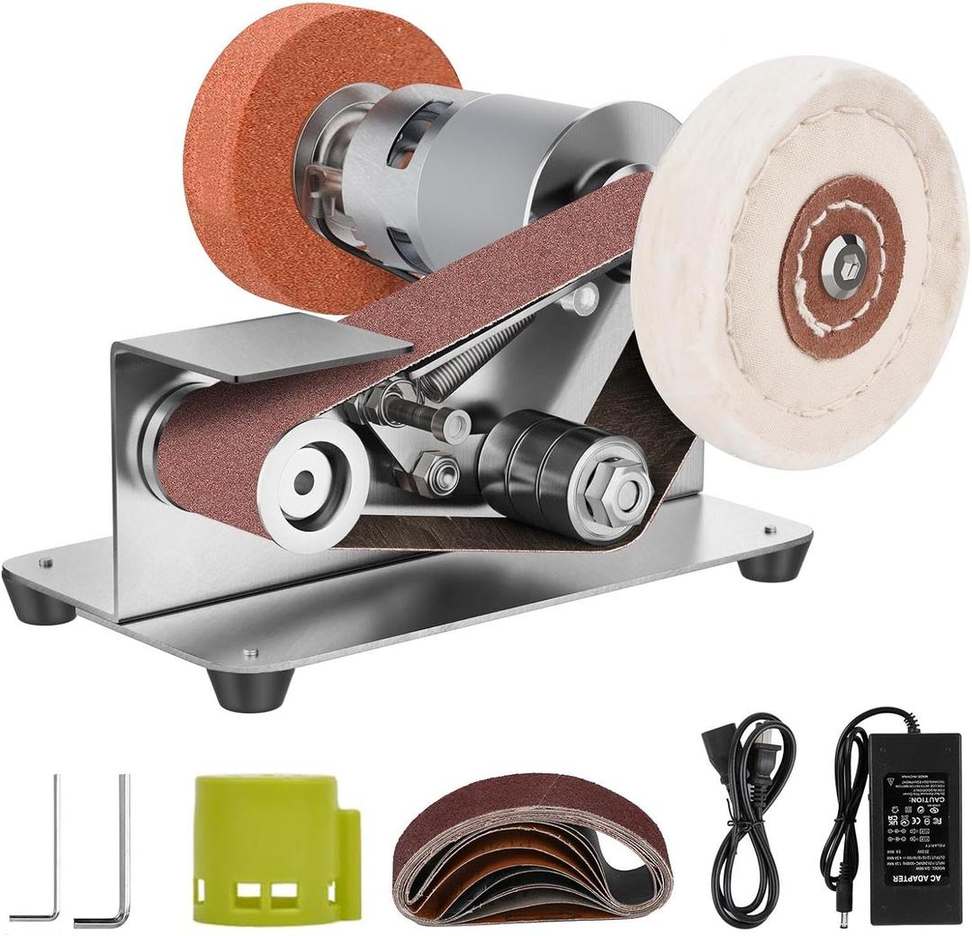 Mini Belt Sander, 7 Adjustable Speed Electric Knife Sharpener, 15 Degree Belt Grinder, Power Belt Sander for Metal Working and Woodworking