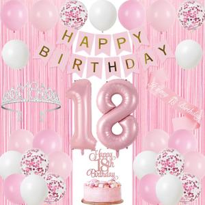 Pastel Light Pink and White 18th Birthday Decorations for Girls | Happy 18th Birthday Supplies for Girls, 18 Sash and Crown, Banner, Fringe Curtains, Cake Topper, 18 Year Old Party Set