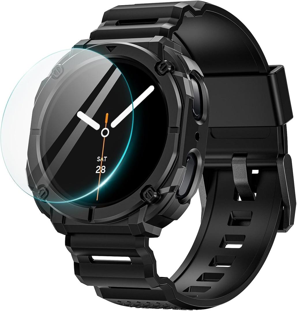 Goton Rugged Band for Samsung Galaxy Watch 8 Ultra Case with Band & Screen Protector for Galaxy Watch 8 Ultra Soft Strap with Rugged Protective Cover for Men - Black