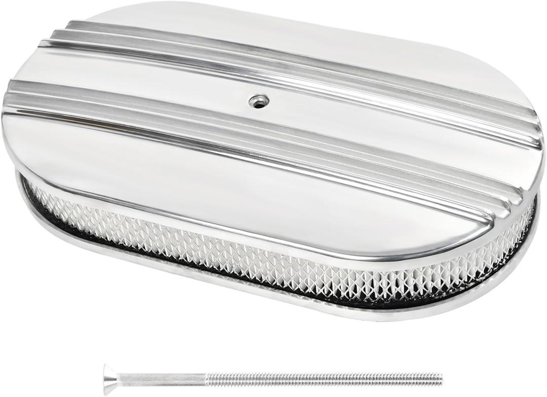 15" Oval Partial Finned Aluminum Air Cleaner Assembly Kit, Polished Air Cleaner for Carburetor with Filter Element
