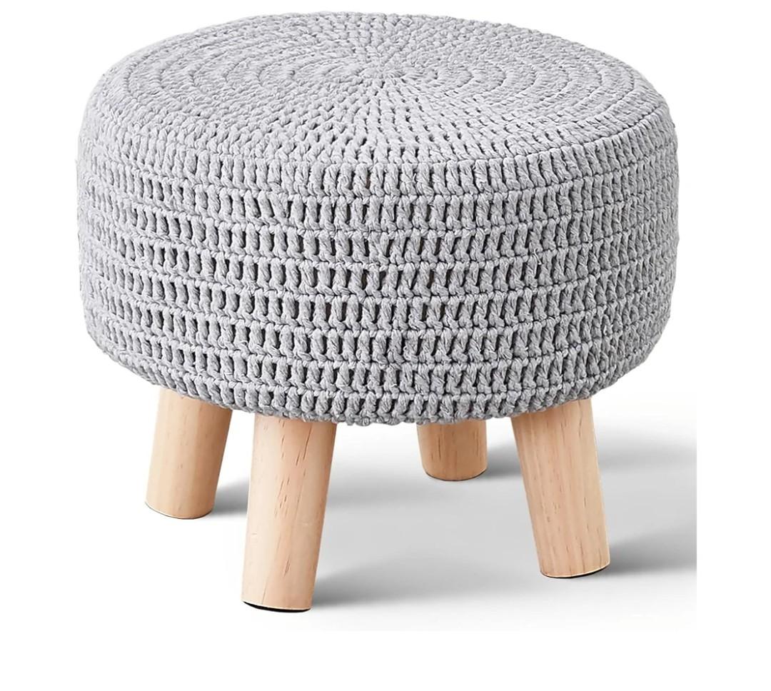 Wimarsbon Small Ottomans, 100% Hand Knitted Pouf Ottoman, Round Footrest with 4 Non-Skid Wood Legs, Boho Décor Cotton Rope Pouffe Beside Sofa, Leisure Floor Step Chair for Living Room (Grey)