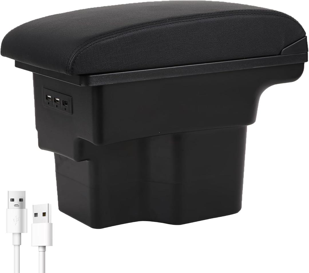 YJYWZH Car Armrest Storage Box for KIA Soul Models 2014-2019 Accessories, Double-Layer Center Consoles Organizer Storage Box Leather Interior Arm Rest Box with 3 USB Black Stitching