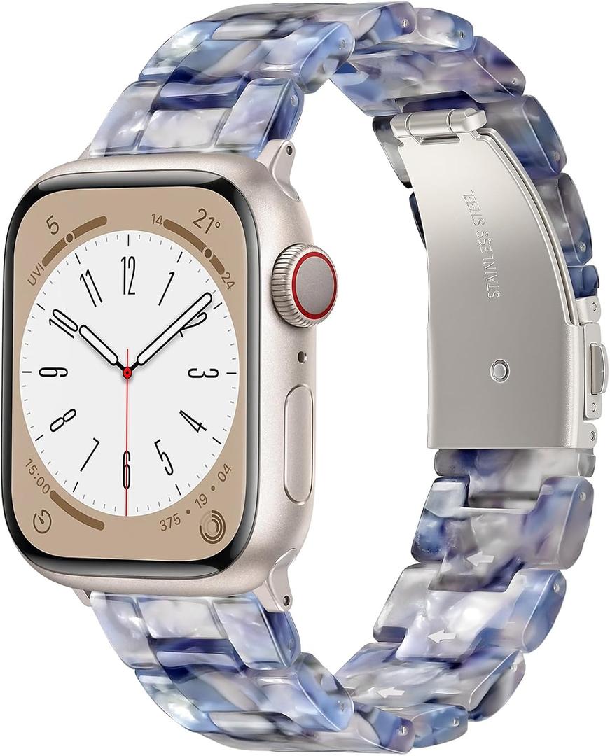 V-MORO Resin Bands Compatible with Apple Watch Series 11/10/9/8/7 Band 40mm/41mm Lightweight Fashion Strap Bracelet with Starlight Buckle for iwatch Series SE/6/5/4/3/2/1(Pearlized Blue,38/40/41/42mm)