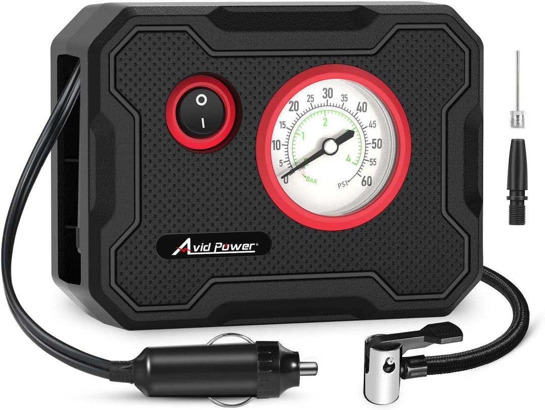 AVID POWER 12V Tire Inflator Portable Air Compressor, Portable Car Air Pump w/Display Gauge and LED Light, Air Pump for Car Tires, Bike, Motorcycle, Compact, Lightweight (Red) (Small)