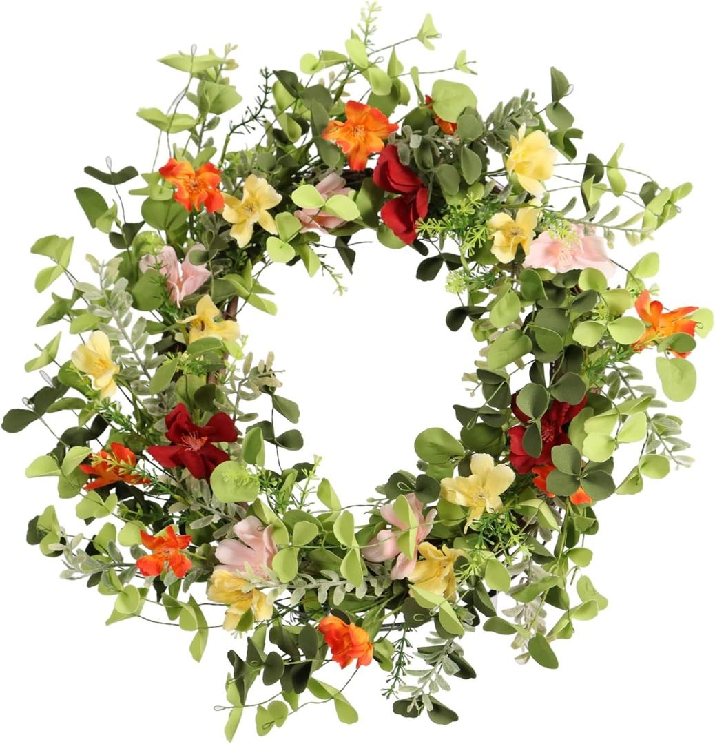 22IN Artificial Spring Summer Wreath with Wild Flowers & Silk Daisies Eucalyptus, UV Resistant, Colorful Wreath - for Spring Summer Indoor Outdoor Home Dcor (Daisy)