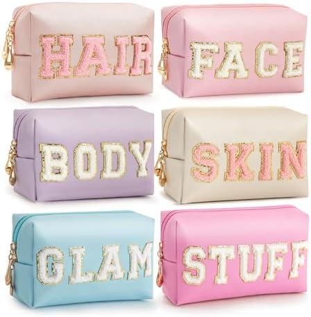 HBselect Preppy Makeup Bag 6 Pcs Travel Toiletry Bag Chenille Letter Patch Makeup Bag Portable Cosmetic Bag for Women PU Leather Waterproof Organizer Make up Bag for Women Girls