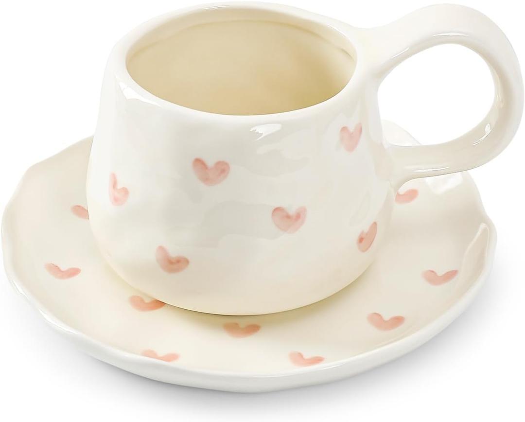 Koythin Ceramic Coffee Mugs Set with Saucer, 250ml / 8oz Cute Floral Coffee Mug Irregular Latte Art Cup, Coquette Cups for Cappuccino, Cocoa (Great Love)