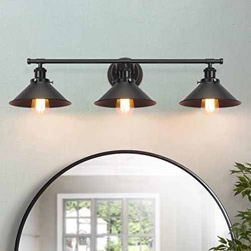 Upgrade 32" Long Black Farmhouse Bathroom Vanity Light Fixtures, 3 Light Bathroom Vanity Lights over Mirror Wall Sconce Industrial Kitchen Wall Lighting Fixtures with Matte Black Cone Metal Shade
