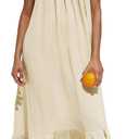 R.Vivimos Women's Summer Cotton Maxi Dress Adjustable Spaghetti Strap Boho Casual Backless Ruffle Loose Fit Flowy Dress (Large, Beige)