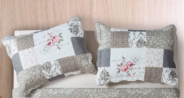 Brilliant Sunshine Rose and Grey Toile Patchwork Pillowshams Set, Quilted Standard Pillowcases, 20x26 with 2" Flange, Scalloped Edge Pillow Covers, Pack of 2, Rose Grey