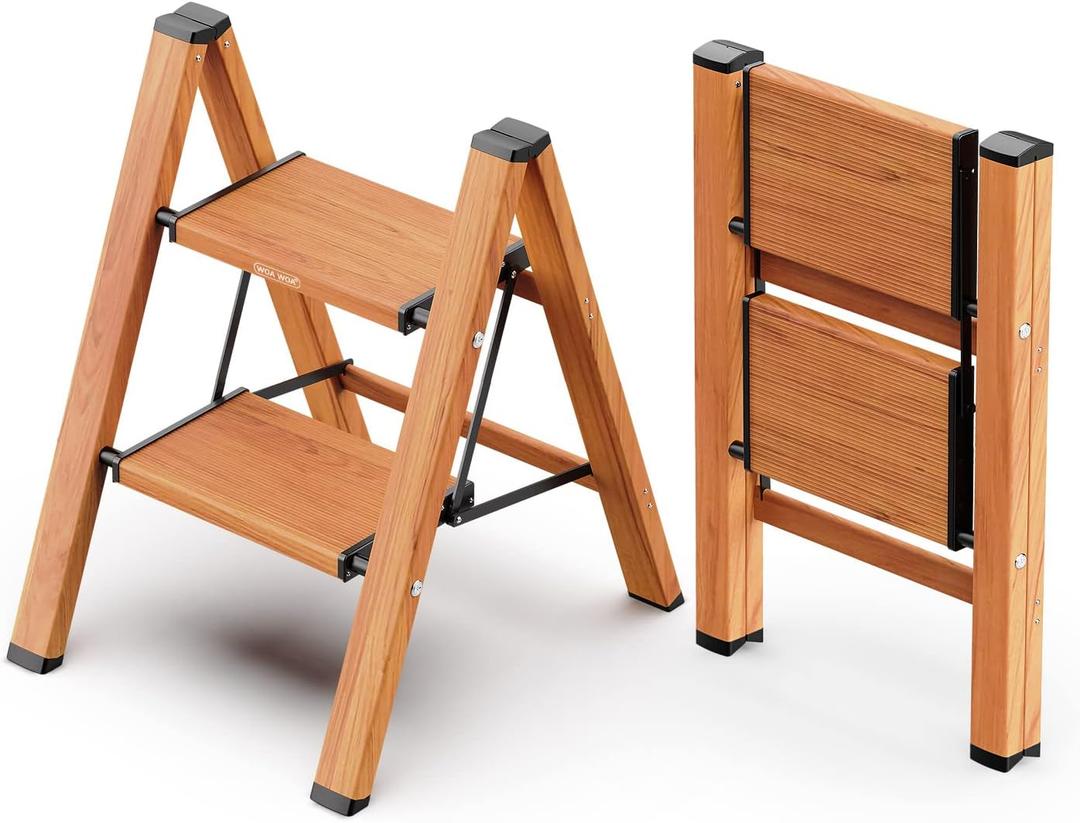 WOA WOA 2 Step Ladder, Foldable Step Stool, Aluminum Lightweight Ladder for Home Kitchen Closet, Anti-Slip Pedals, Ease of Folding, Portable, 300lbs Capacity - Wood Grain WOA WOA 2 Step Ladder, Foldable Step Stool, Aluminum Lightweight Ladder for Home Kitchen Closet, Anti-Slip Pedals, Ease of Folding, Portable, 300lbs Capacity - Wood Grain
