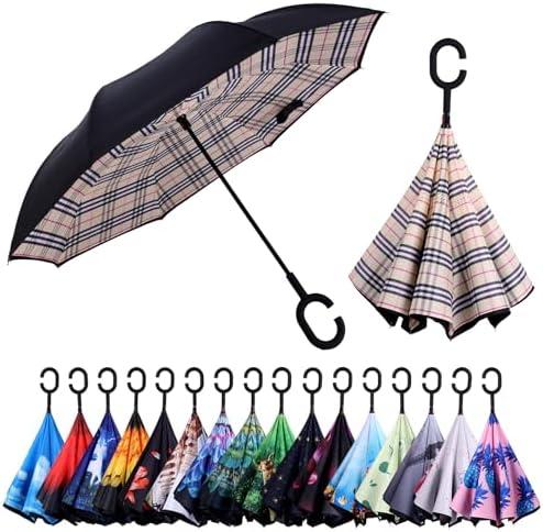 Wxjiahetai Inverted Umbrella, Windproof Reverse Umbrellas for Rain with Reversible Inside-Out Design Large Upside Down Umbrella for Women & Men with C-shaped Handle (Yellow Plaid)