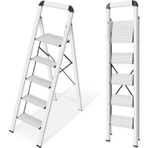KINGRACK Aluminium 5 Step Ladder, Lightweight Step Stool with Non-Skid Pedals, Handrail, Foldable Step Ladder for Kitchen, Garage, Home, Space Saving, Sturdy and Portable, Silver