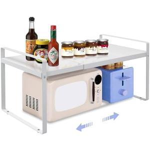 KOMOHOM Expandable Cabinet Shelf Organizer Rack 9 inch, Pantry Organizer Lengthen from 14” to 25” ， Large Kitchen Cabinet Storage Shelf Rack， Storage Organizer white，Spice Rack Expandable Shelves,