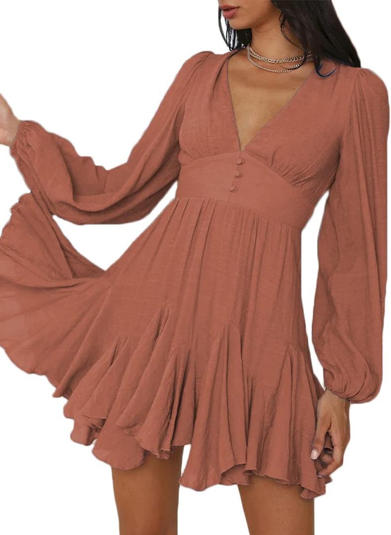 Lantern Long Sleeve Flowy Summer Backless Mini Sundress for Women 2023 Casual V Neck Cut Out Empire Waist Skater Dresses (Brown, S)
