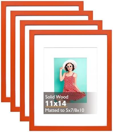 KINLINK 11x14 Picture Frame Orange, Solid Wood Frames with Acrylic Plexiglass for Pictures 5x7/8x10 with Mat or 11x14 without Mat, Tabletop and Wall Mounting Display, Set of 3