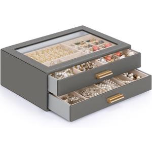 AKOZLIN Jewelry Box with Clear Lid Functional Leather Jewelry Storage Organizer Case 2 Drawers for Women Girls Necklace Ring Bracelet Earring (Dark Grey)