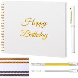 Mooliwe Birthday Guestbook with Pens Stickers Hardbound Book 8.3 x 6.5 Inch Hardcover Hardbound Signature Guest Book for Photobooth Photo Strips Scrapbook Party Supplies (White, Birthday)