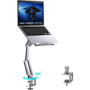 Laptop Mount for Desk, Tablet Arm Mount with 360 Rotating, Aluminum Laptop Tray Adjustable, Foldable Computer Stand/Holder, Fit for 11-15 Inch Laptops (Silver)