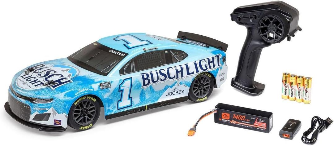 Losi 1/12 NASCAR RC Race Car Ross Chastain No. 1 2025 Busch Light Chevrolet ZL1 2S AWD RTR Brushed On-Road Battery & Charger Included Blue LOS1122501