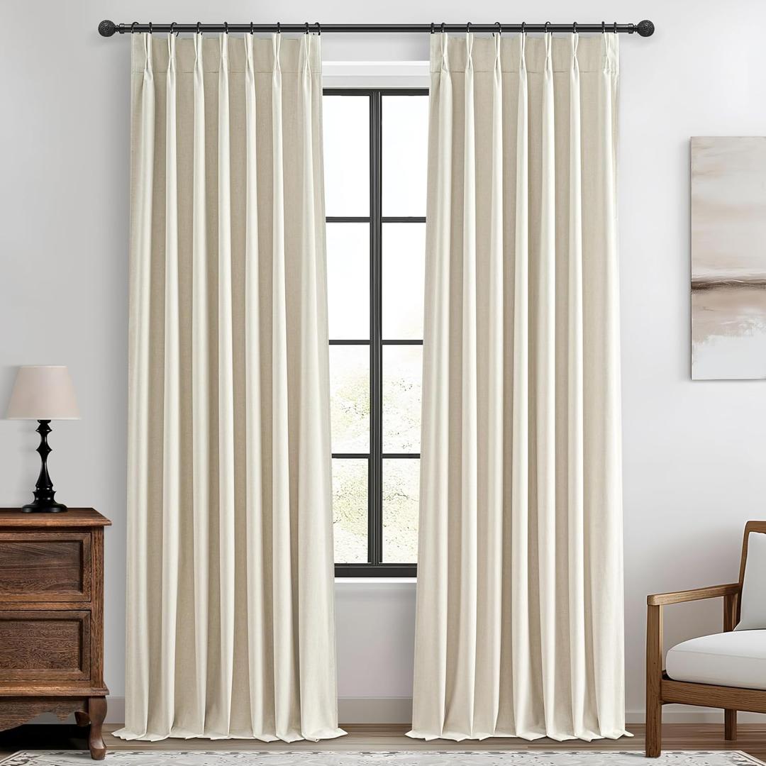 Pinch Pleated Farmhouse Curtains 100 Percent Blackout Window Dining Room Curtains 96 Inches Long Burlap Rustic Linen Drapes for Living Room Insulated with Hooks for Track System 2 Panels (40"W x 96"L (Pack of 2))
