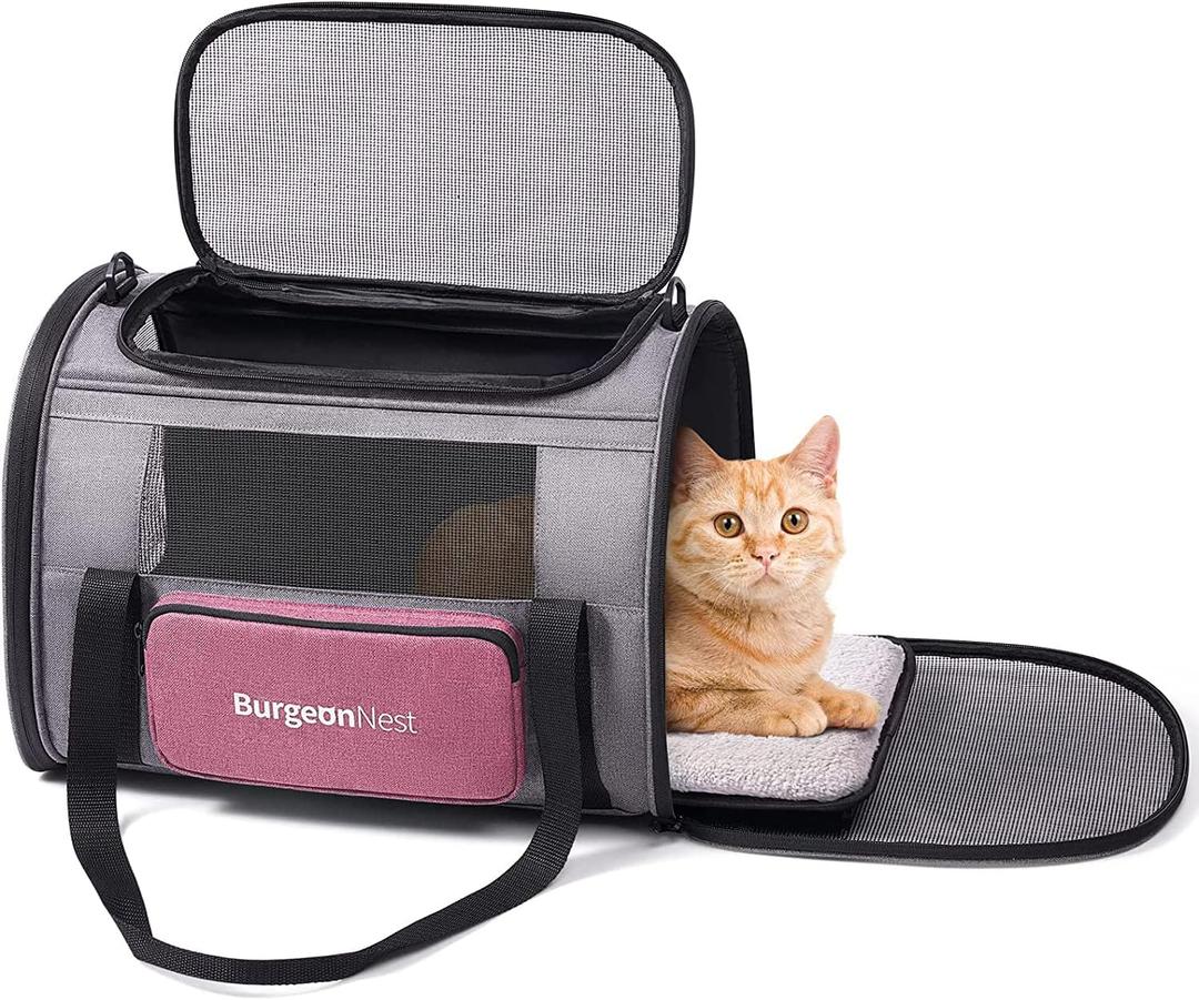 BurgeonNest Cat Carriers for Medium Puppy Under 25 lbs, Pet Carrier for Cats with Unique Side Bag,Top Load Small Pet Bag Soft-Sided Escape Proof with 4 Ventilated Windows (17.7"L x 12.0"W x 12.5"H, Pink)