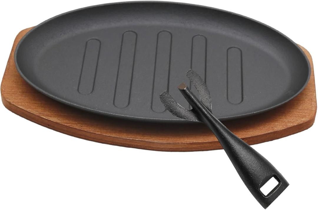 Cast Iron Steak Plate Sizzle Griddle, Round Shape Grill Fajita Server Plate, with Wooden Base Steak Pan, Household use or Restaurant Supply (10" Diameter)