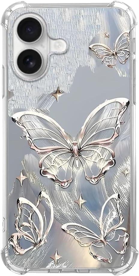 Elegant Rose Gold Butterfly Case for iPhone 17, Soft TPU Bumper,Elegant Grey Art Pattern Cover for Women for iPhone 17
