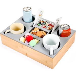 Yerliker Couch Cup Holder Tray, Silicone Couch Caddy Waterproof Anti-spill Sofa Cup Holder for Sofa Bed Car Seat Organizer, Christmas Hold Mugs, Drinks, Snacks, Phones, Remotes(Grey,Bamboo)