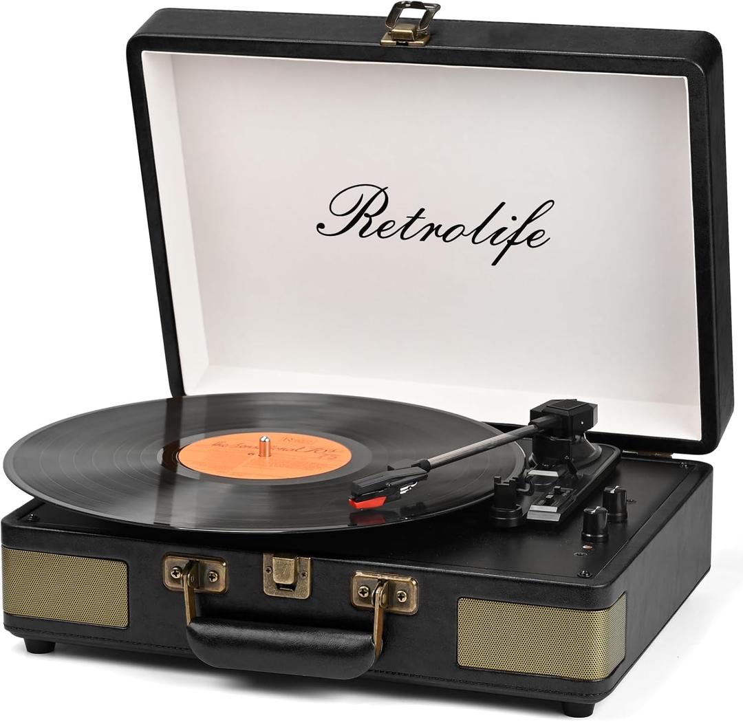 Retrolife Record Player 3 Speed Bluetooth Portable Suitcase Vinyl Player with Built-in Speakers Turntable Enhanced Audio Sound PU Leather VintageAmazon's Choice