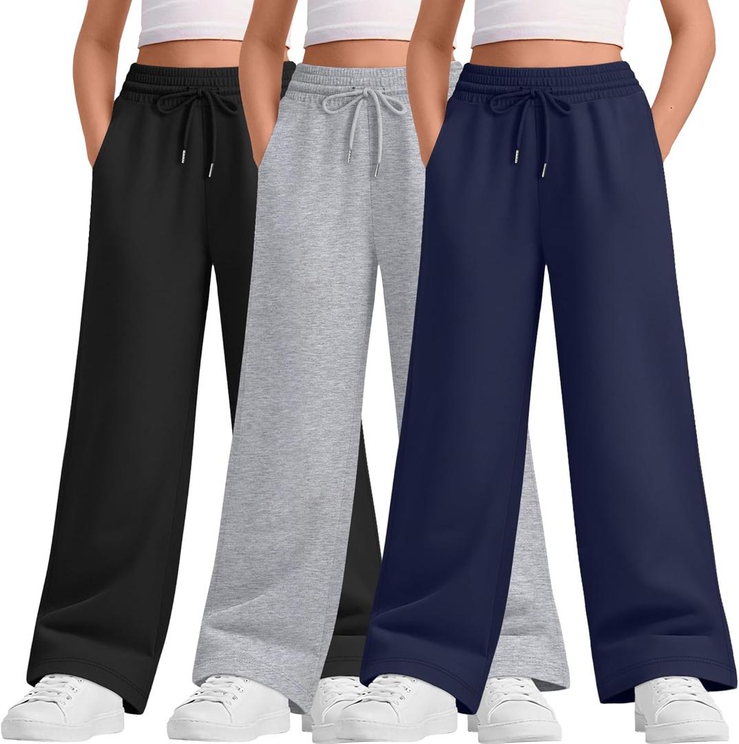 3 Packs Teen Girls Sweatpants Wide Leg Drawstring Baggy Pants Straight Leg Athletic Trousers with Pockets Size 5-14 (9-10 Years, Navy Blue, Light Heather Gray, Black)