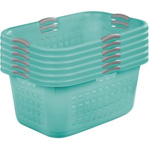 Sterilite 6 Pack Plastic Laundry Basket Clothes Hamper, 2 Bushel, Ultra, Aqua Chrome
