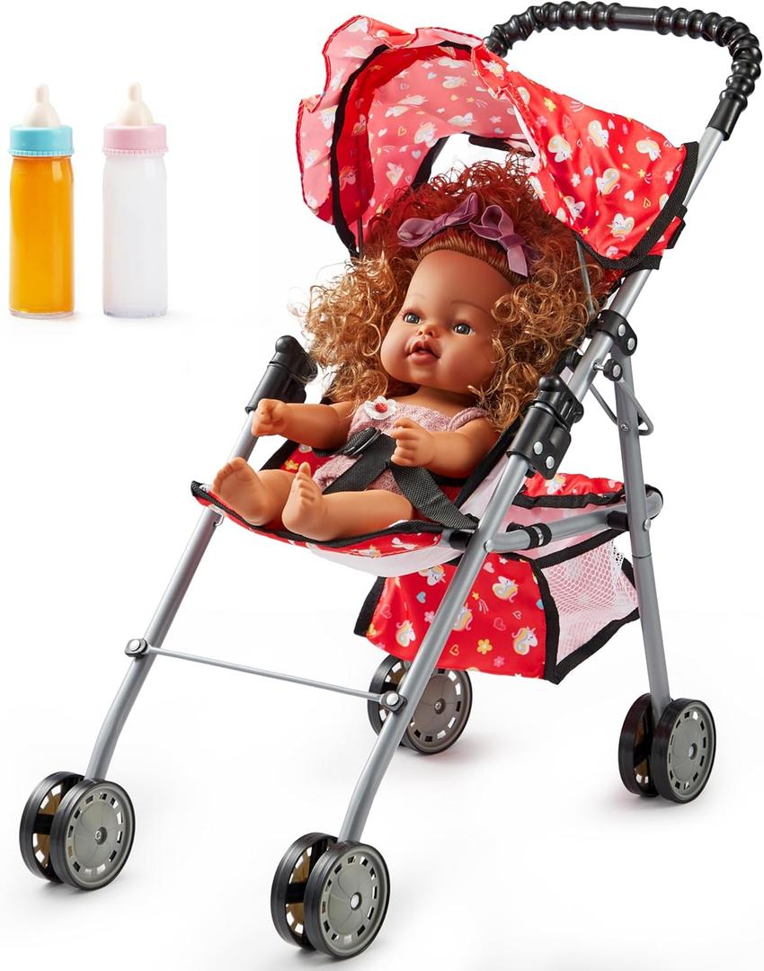 SYNCFUN Baby Doll Stroller Toy, Foldable Doll Stroller with Basket & 2 Magic Bottles for Toddlers, Unicorn Red Babydoll Toy for 3 4 5 Year Old Little Girls Gift, Easy to Assemble