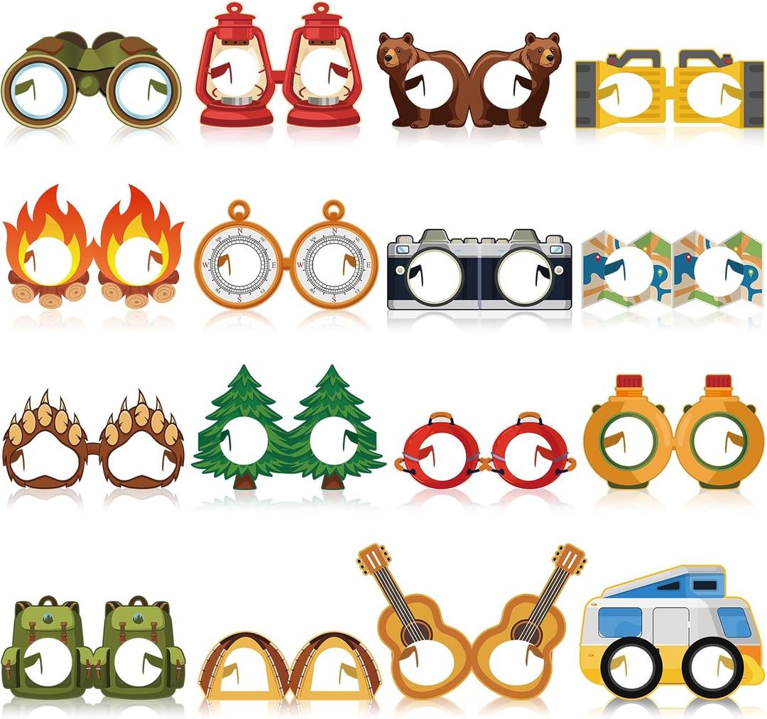 32 Pcs Camping Party Decorations Camper Theme Eyeglasses Paper Glasses Frame Hiking Photo Booth Props Camper Party Favors for Camping Baby Shower Birthday Supplies