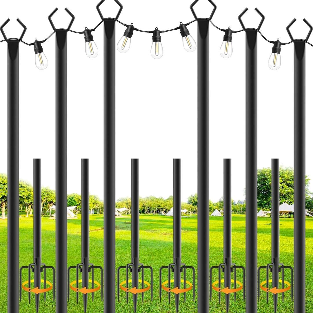 SINLEY 6 Pack String Light Poles,10 Ft Metal Poles with Fork for Outdoor String Lights,Outdoor Light Poles with Fork,Poles/Post/Stand for Outside,Patio,Deck (6 Pack 10FT String Light Pole)