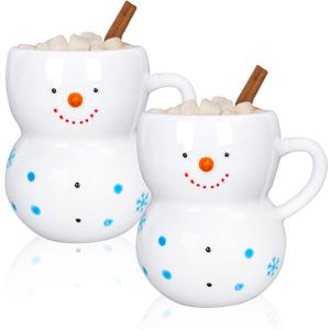 Whaline 2Pcs Christmas Mugs 3D Snowman Ceramic Cups Winter Holiday Novelty Coffee Mugs Xmas Funny Gift for Family Members Friends Dinner Table Decoration