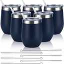 6 Pack Stainless Steel Wine Tumblers, 12Oz Insulated Wine Tumbler, Double Wall Insulated Wine Glass, Stainless Steel Stemless Wine Cups with Lids for Coffee, Wine, Cocktails, Champaign, Navy Blue