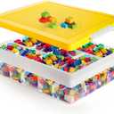 Building Block Organizer Bin, Plastic Double Layer Brick Storage Box with Building Baseplate, Stackable Art Crafts Container with Removable Divided Tray for Home, Office