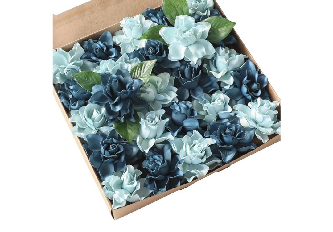Floroom Artificial Gardenia Flowers 2.7" 25pcs Real Looking Dusty Blue Shades Foam Fake Flowers with Stem for DIY Wedding Bouquets Bridal Shower Centerpieces Floral Arrangements Party Table Decoration