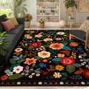 Floral 6x9 Area Rug Machine Washable Soft Print Boho Carpet Non Slip Doormat Low Pile Flower Area Rugs for Living Room Bedroom Nursery Kitchen Dining Room Indoor-Black