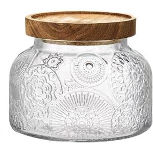 ANSQU Vintage Glass Food Storage Jar, Glass Jar with Wooden Lid, 25.4 FL OZ Decorative Glass Jar for Home Kitchen, Holds Coffee, Candy, Cookie, Sugar (Large Flower)