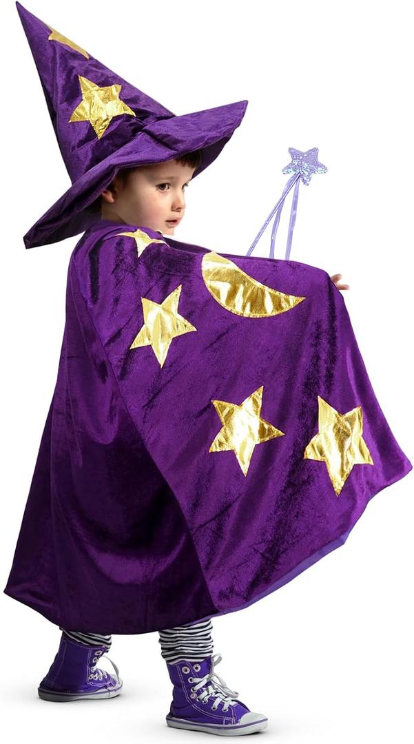 Kids Wizard Witch Cloak With Hat And Wand, Halloween Boys and Girls Cape Costume Props for Cosplay Party Fancy Dress (3pcs Witch Set - Purple)