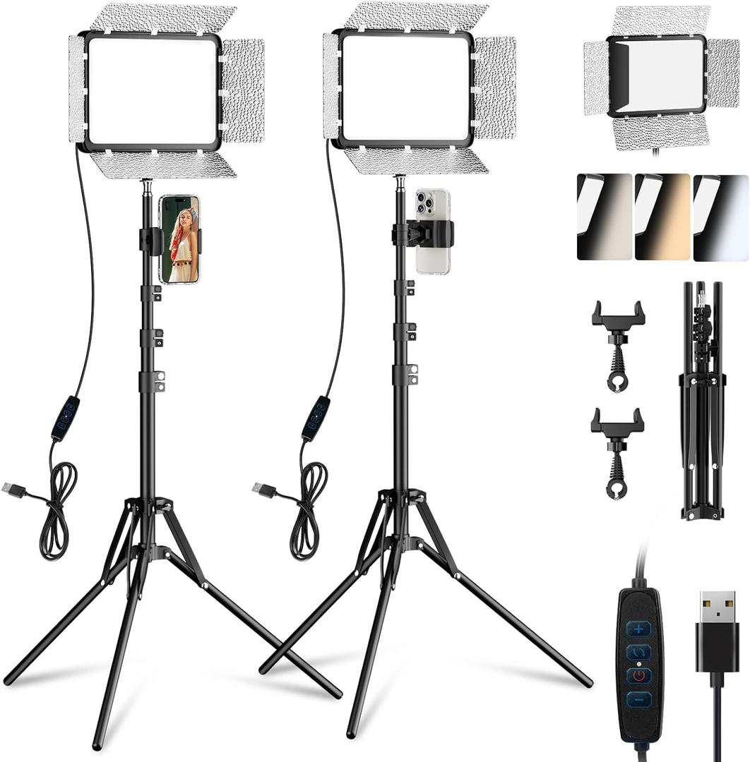 EMART LED Video Light Kit with Phone Holder & Barndoor, 2800-7000K Dimmable Studio Lights for Video Recording, 73'' Height for Live Streaming, YouTube, Vlog, Photography, Content, Podcast, 2-Pack (15W)